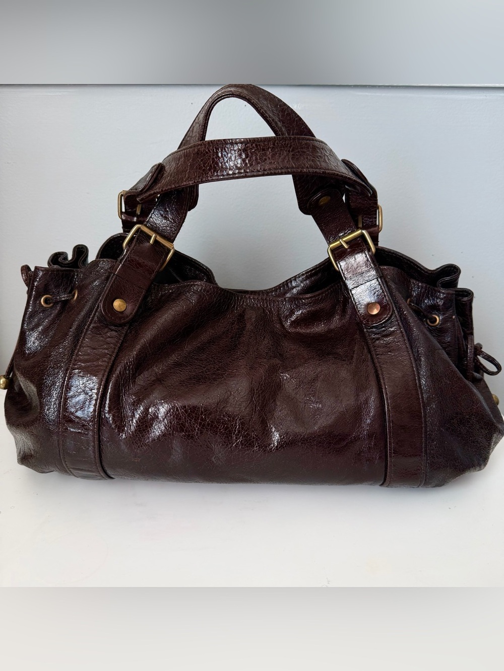Gerard Darel Le 24H Patent Calfskin Leather Brown Shoulder Bag